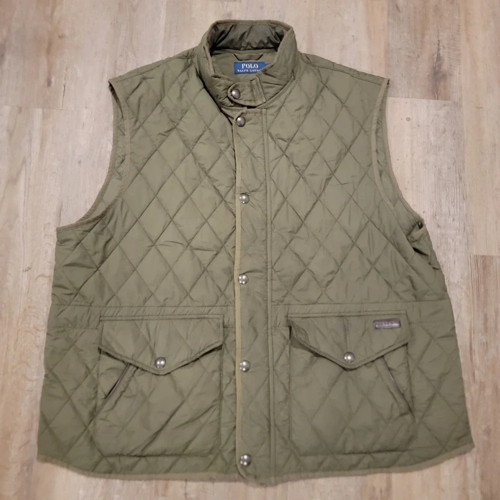 Polo Ralph Lauren Diamond Quilted Vest‎ Mens 2XB Olive Green Full Zip Snap